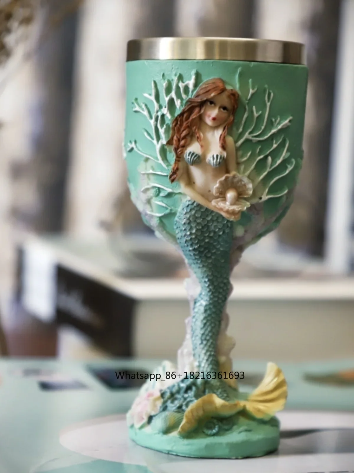 Resin Crafts - Three-dimensional engraving mermaid hand-painted craft goblet